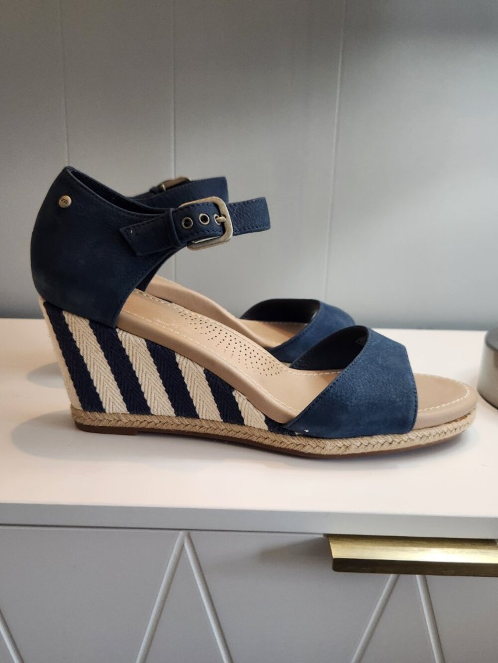 UGG Atasha espadrille wedge platform blue suede sandal stripe heel